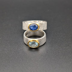 silver ring set with blue topaz and kyanite