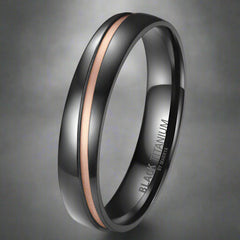 Black titanium ring with rose gold accent on a white background
