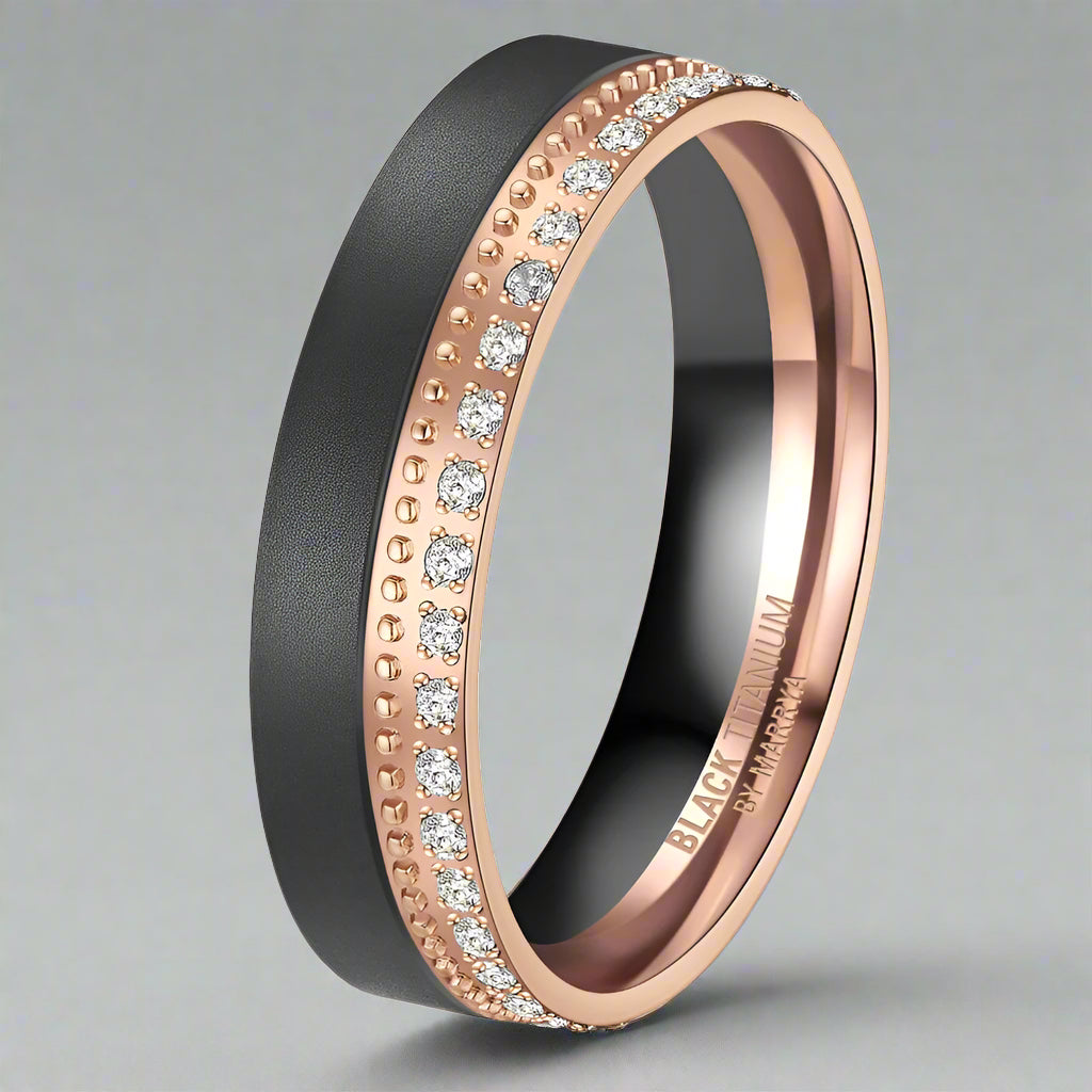 black titanium and rose gold ring with diamonds