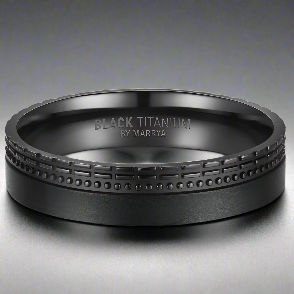 Black titanium ring with embossed detail
