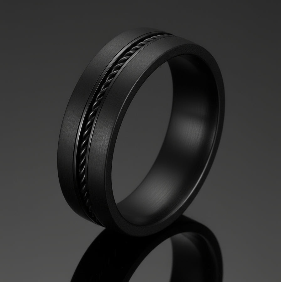 Black ring with textured design on a white background