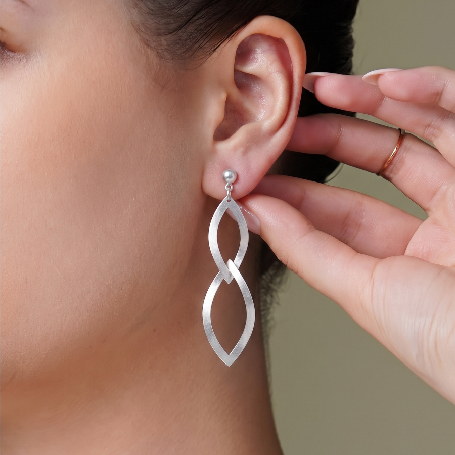 Long elongated silver link earrings