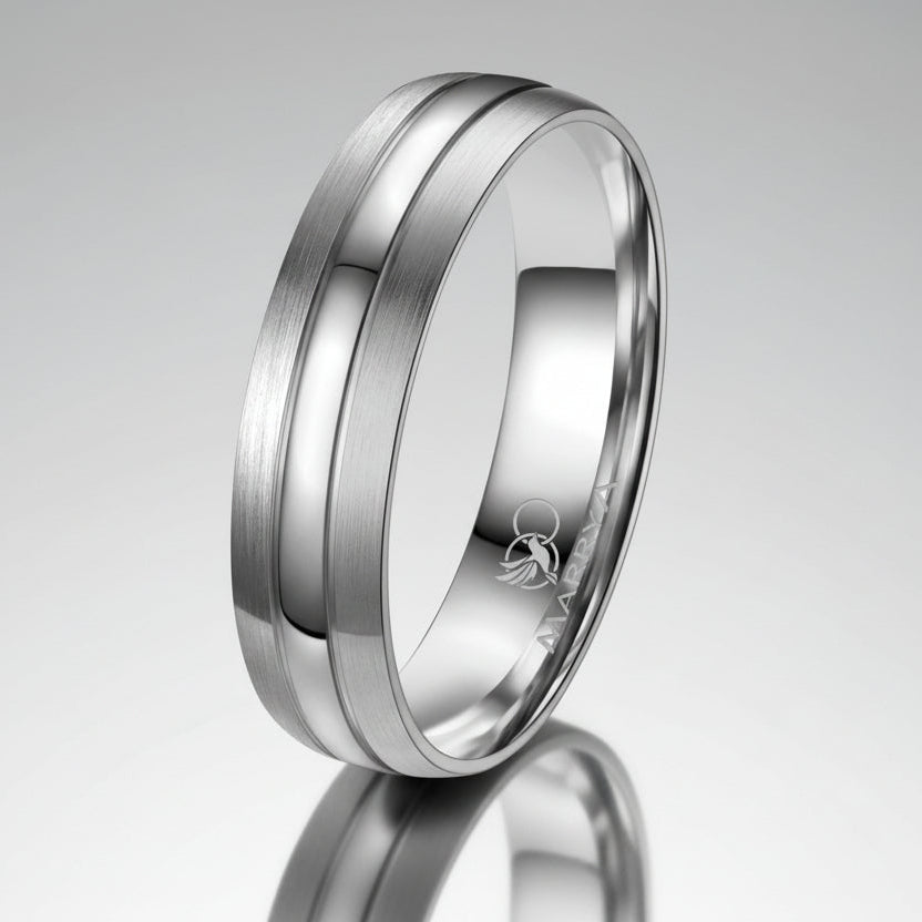 Titanium ring with a brushed finish on a white background