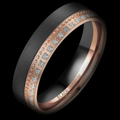 Two wedding bands, one black and one rose gold with diamond accents, on a black background.