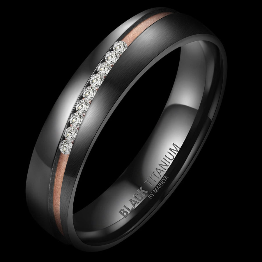 Black titanium ring with rose gold accents and diamond-like stones on a black background