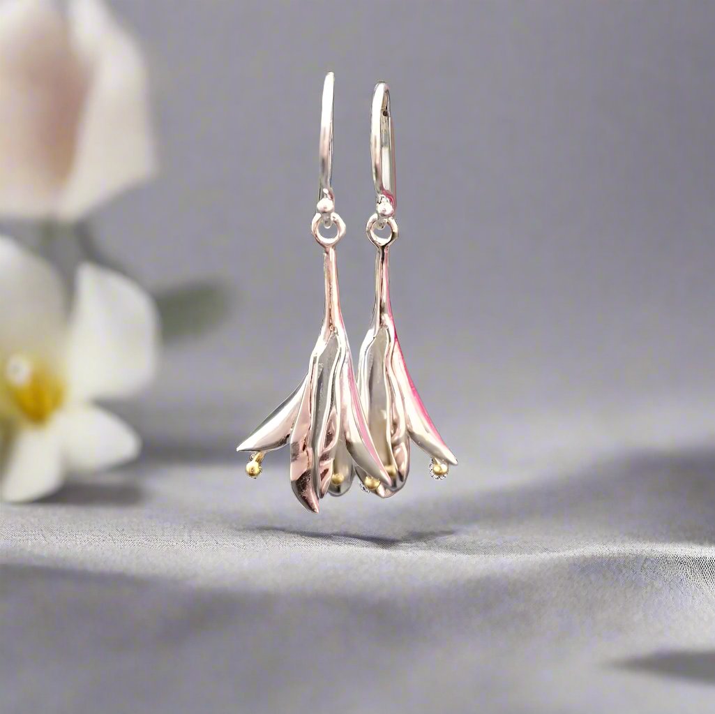 silver and gold fushia earrings- silver and gold drop earrings - doyle design dublin