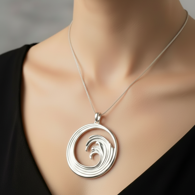 large wild atlantic wave pendant on a models neck