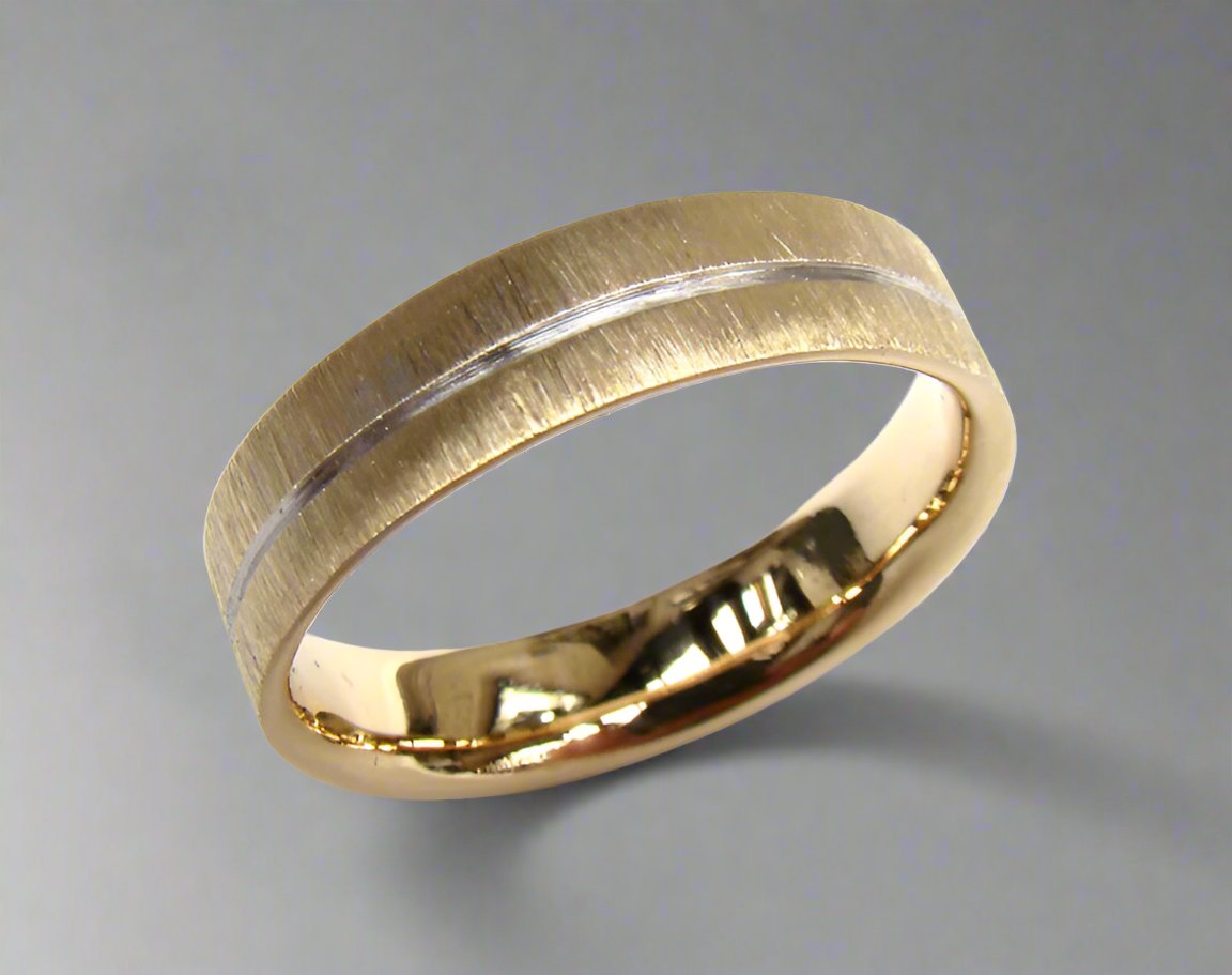 Gold Wedding Ring with Groove Detail & Scratch Finish (inside court) - Doyle Design Dublin