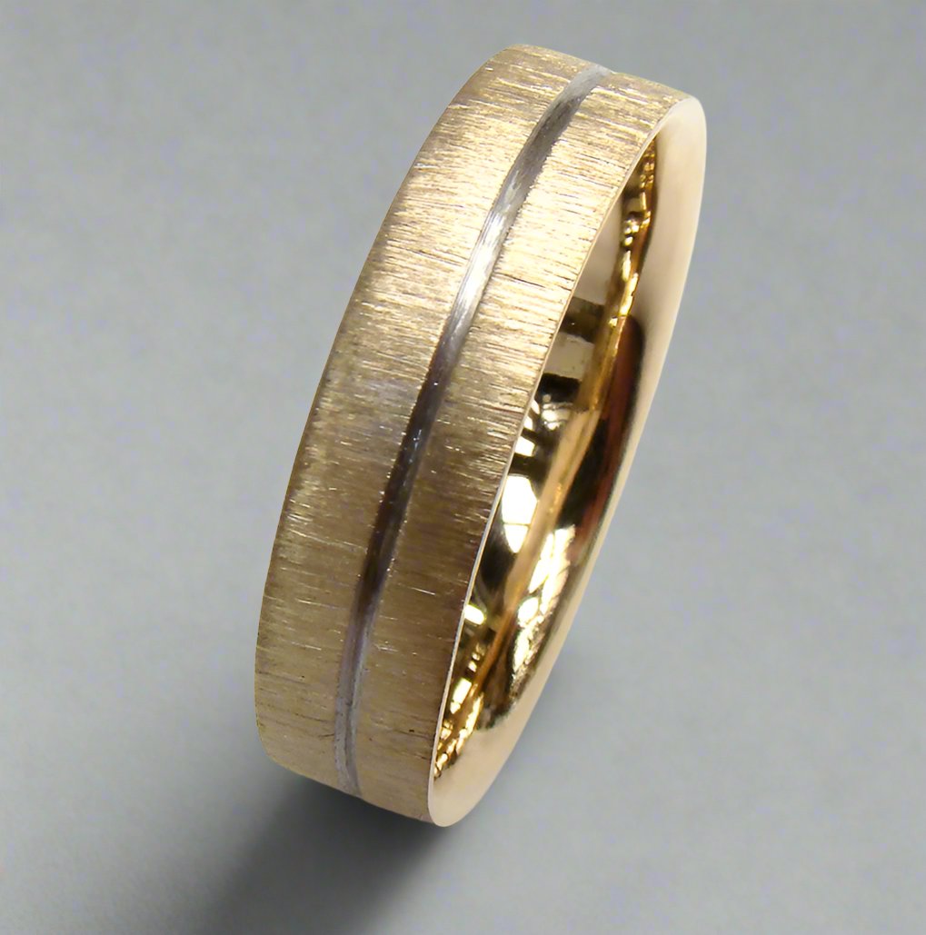 Gold Wedding Ring with Groove Detail & Scratch Finish (inside court) - Doyle Design Dublin